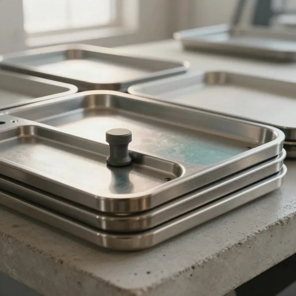 Brushed steel workflow tray, graphite puck, and stacked trays on concrete in soft winter mist.