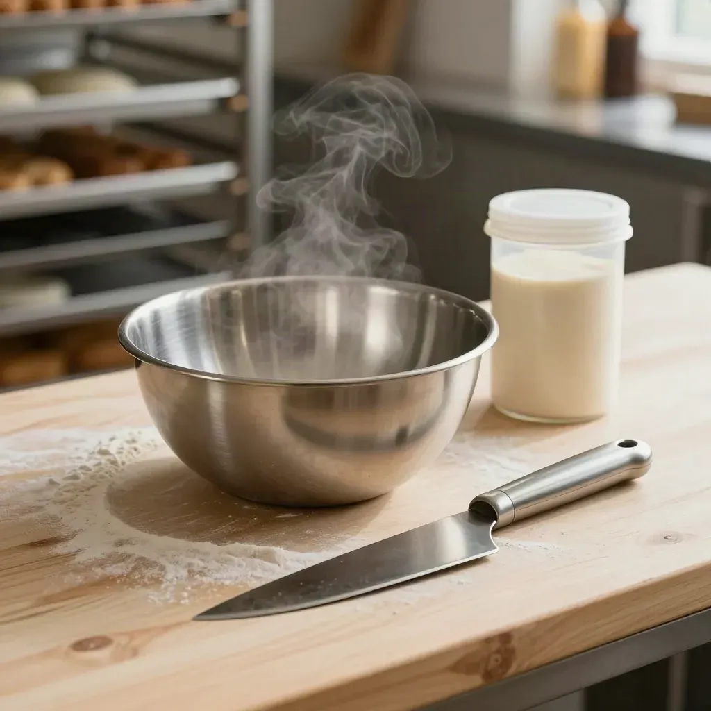 Stainless bowl, dough scraper and ingredient canister on a pale wood prep bench in warm kitchen light