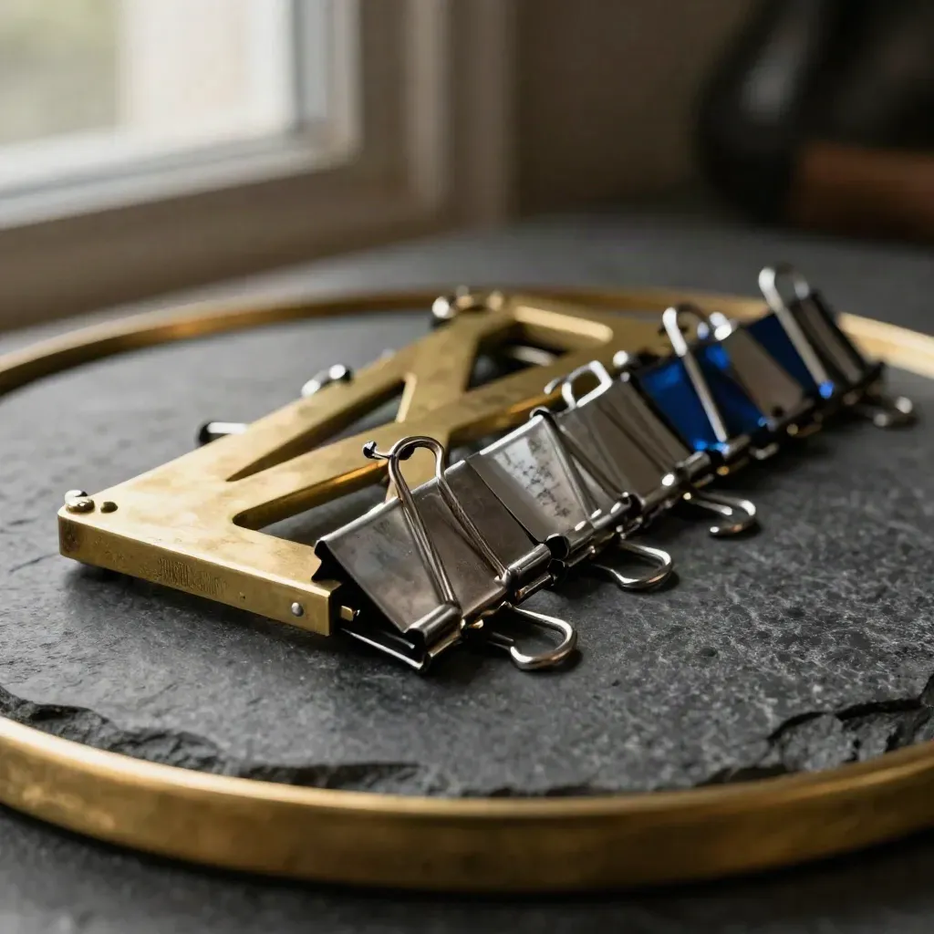 Brass abacus frame, steel paperweight, and file clips on dark stone in close-up.
