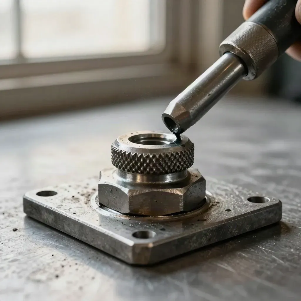 Macro of rail coupling hardware on brushed metal in a cold maintenance bay.
