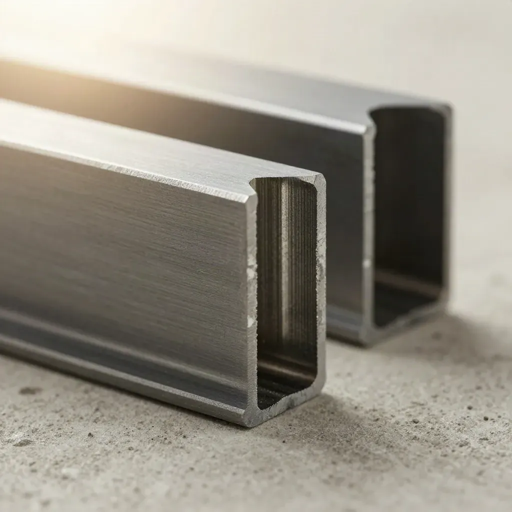 Macro of metal corner brackets and clamps stacked on pale concrete with dust and soft light.