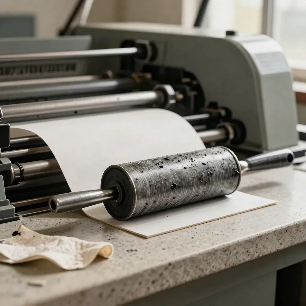 Ink roller, spool core and perforated trim bar beside a printing press at shift change.