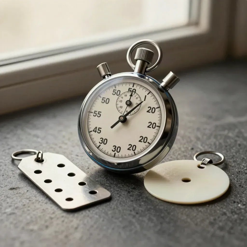 Stainless stopwatch with punched steel tags and a tally disc on graphite stone.