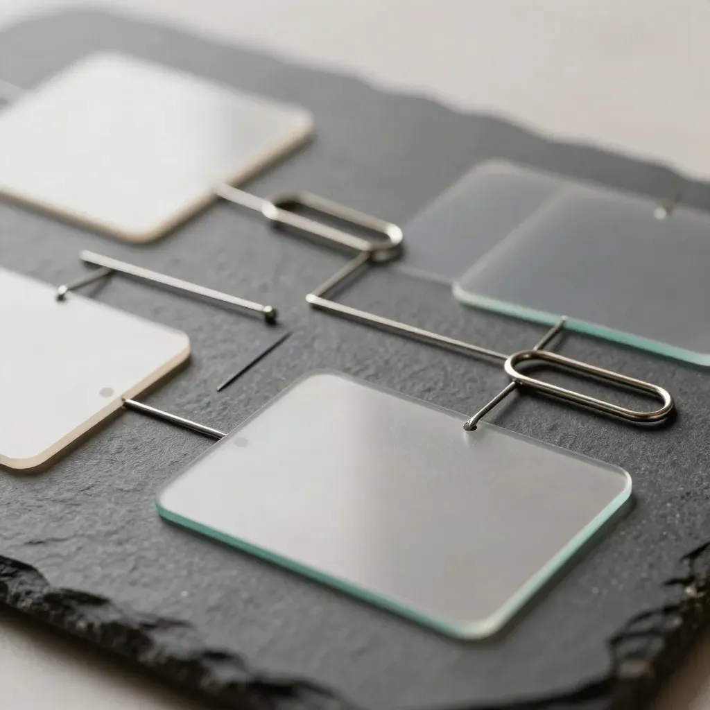 Acetate tabs, steel pins, and linked clips branch across graphite stone in macro detail.