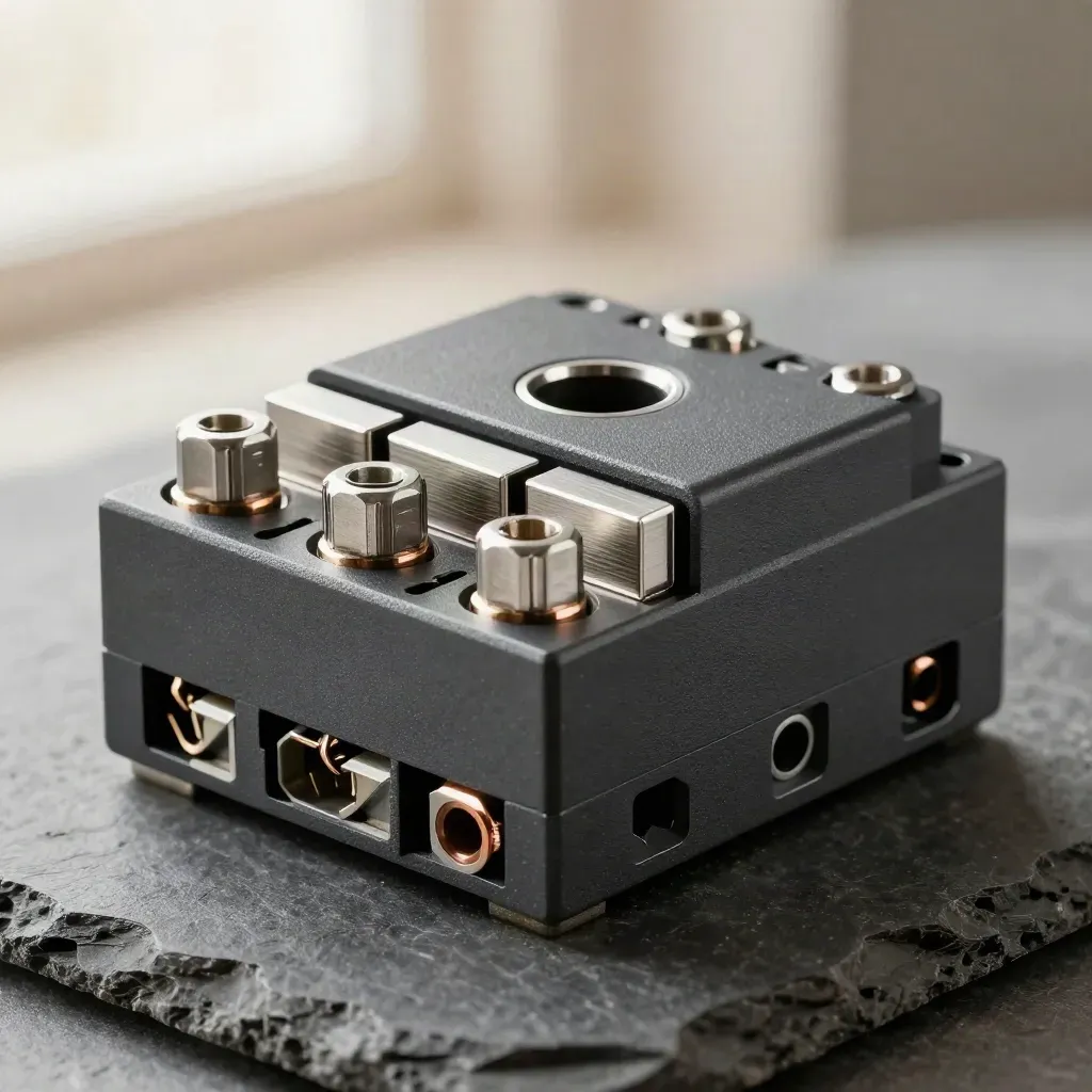 Relay block, contact plates and cable ferrules on graphite stone under dramatic workshop light