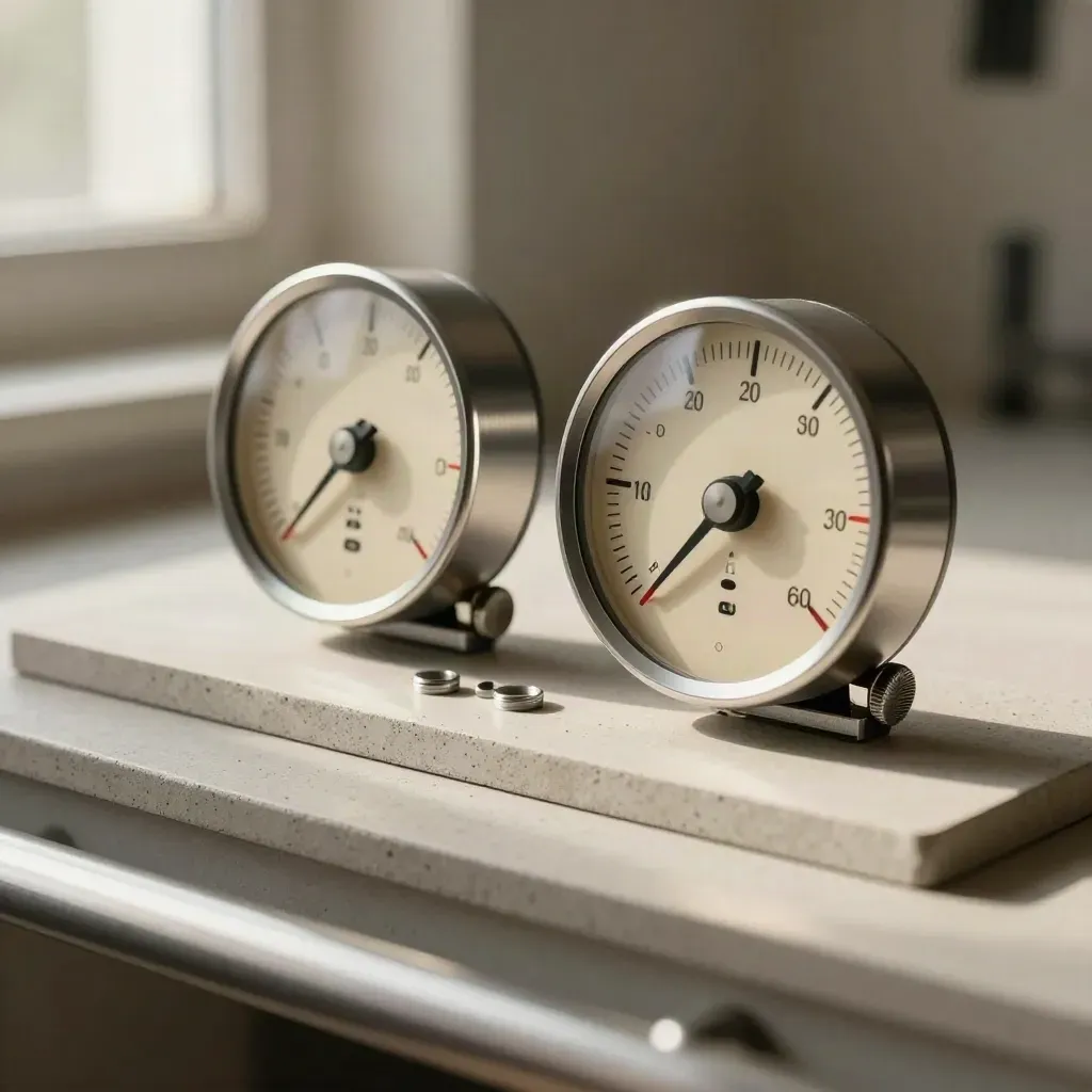 Analog gauge dials and a counter module on pale concrete in soft daylight.
