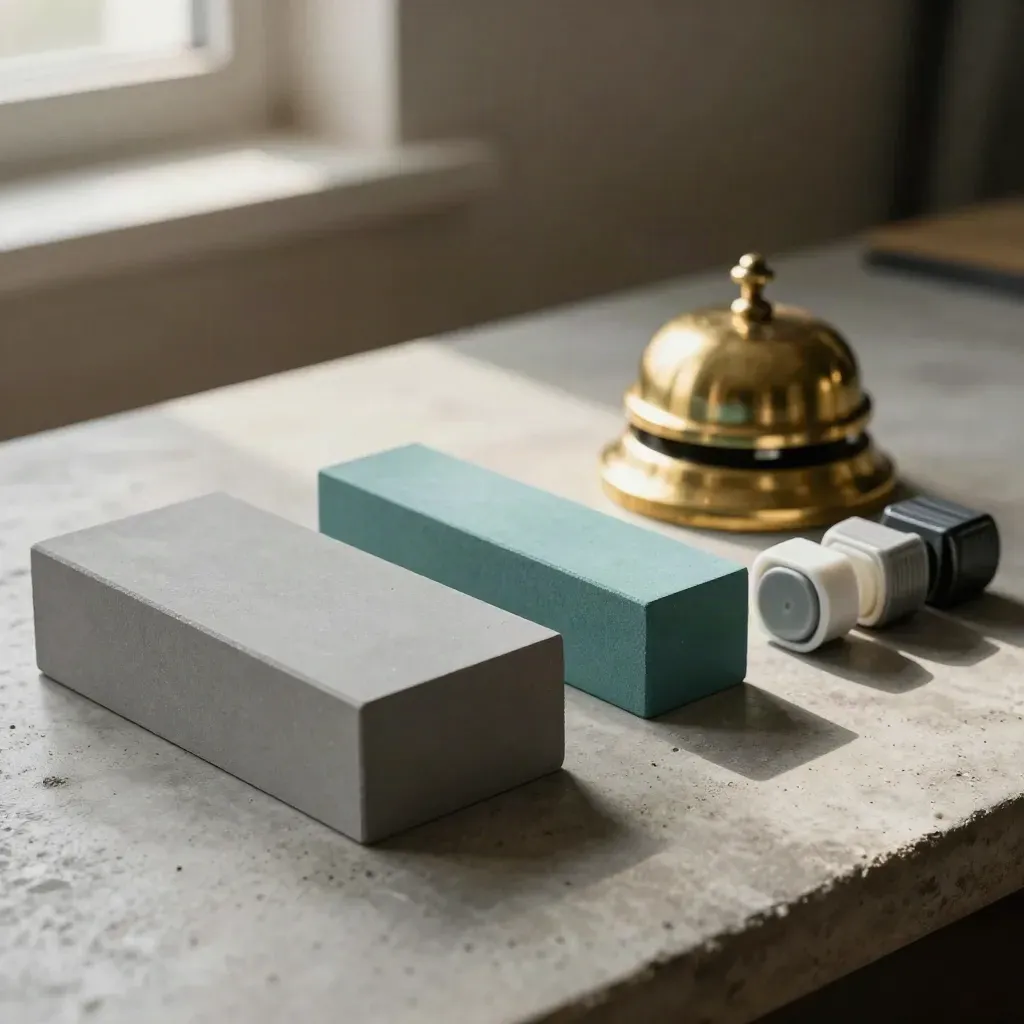 Demo blocks, bell timer, and marker caps on a concrete workbench