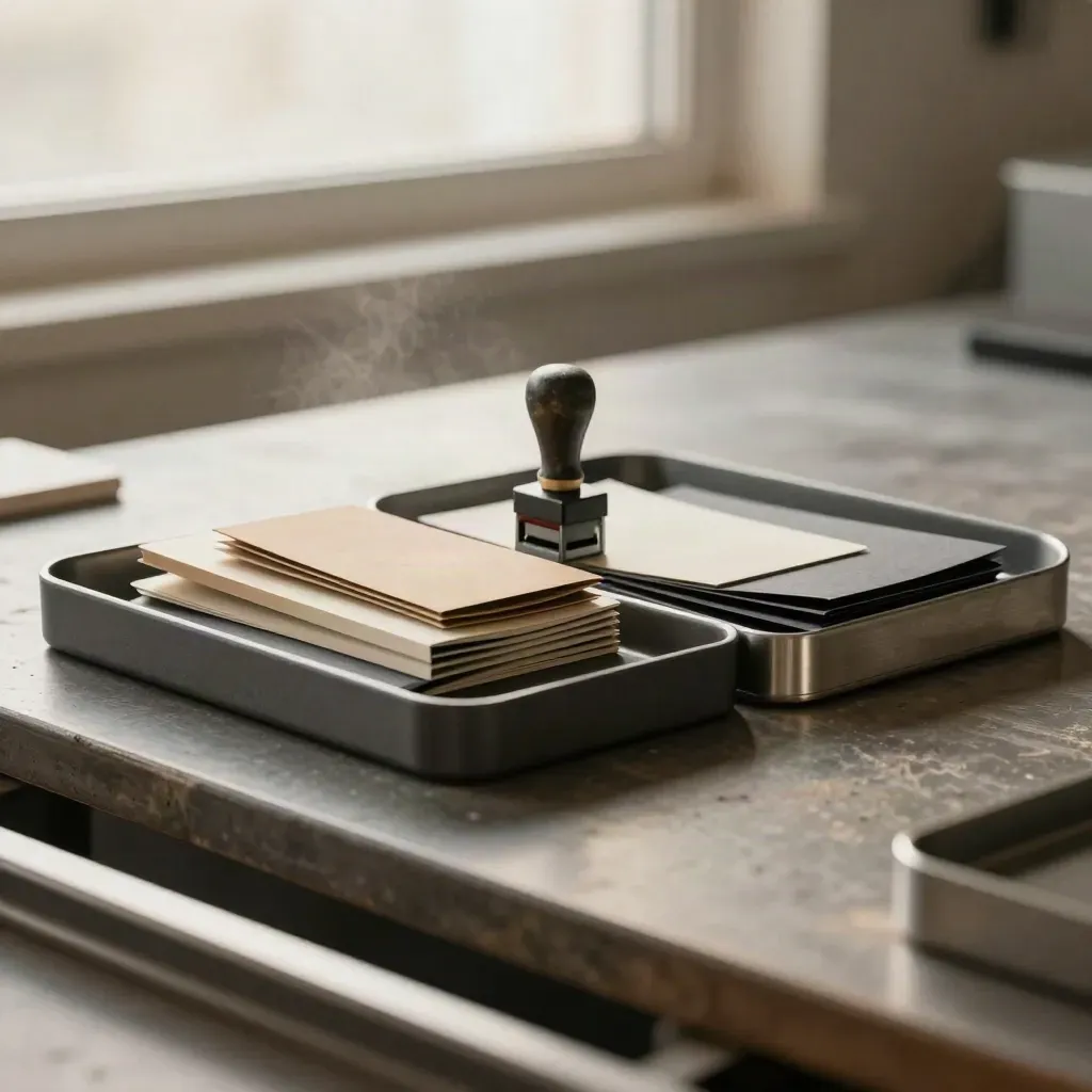 Graphite task trays, stamp block, and folded sample kits beside a blurred steel rail