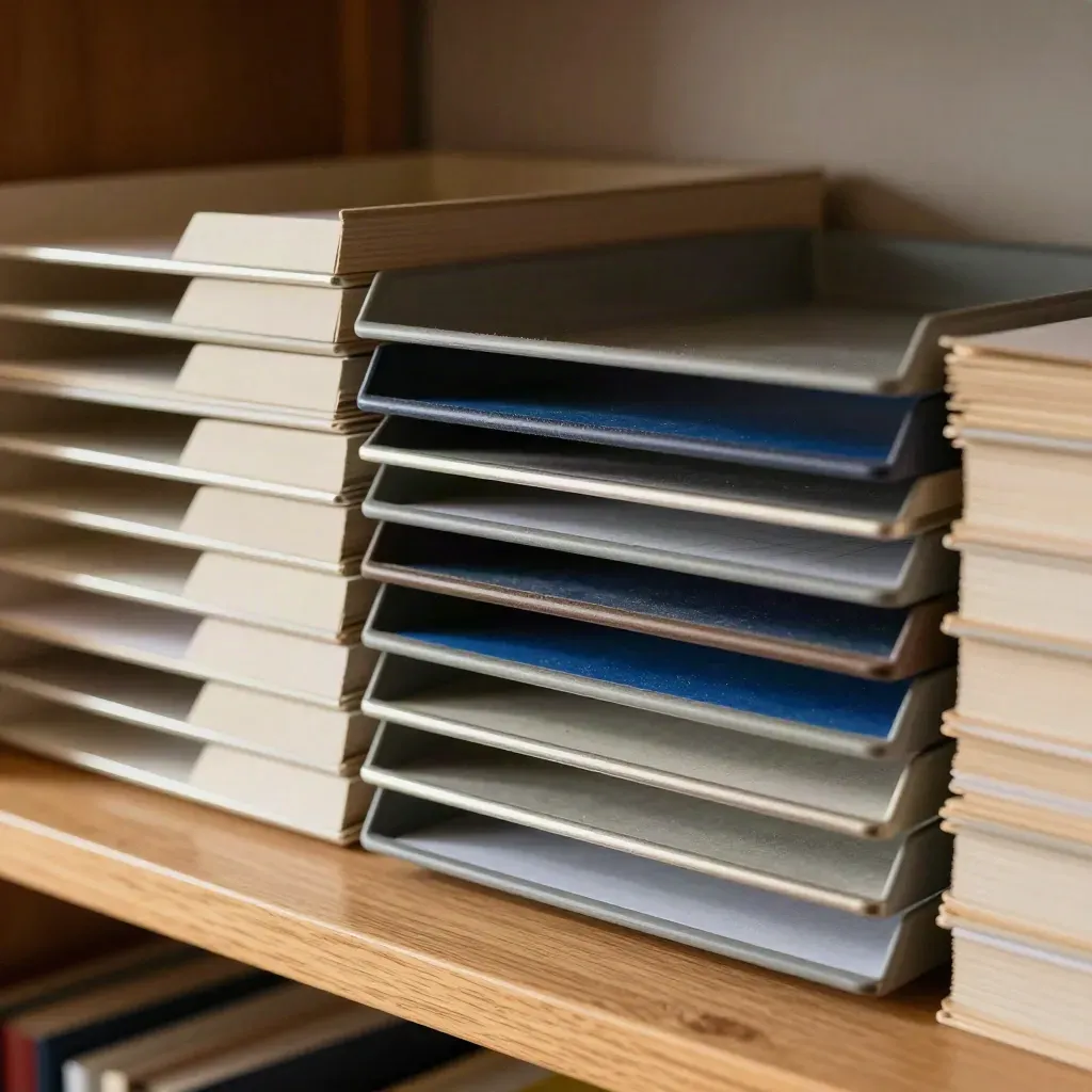 Stacked mail trays and file dividers in a sunlit office mailroom, seen through a shelf edge.