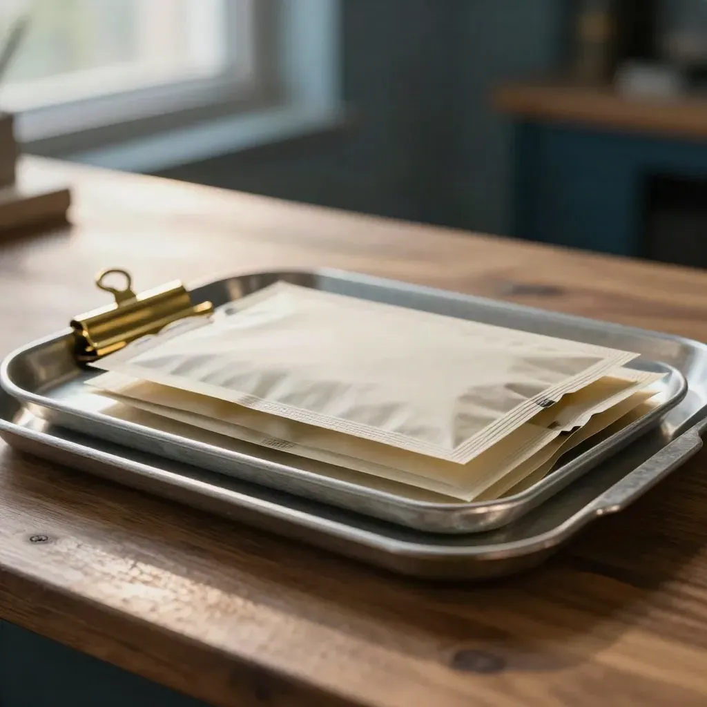 Brushed aluminum trays, brass clip, and folded packet in dramatic rim light with dark bokeh.