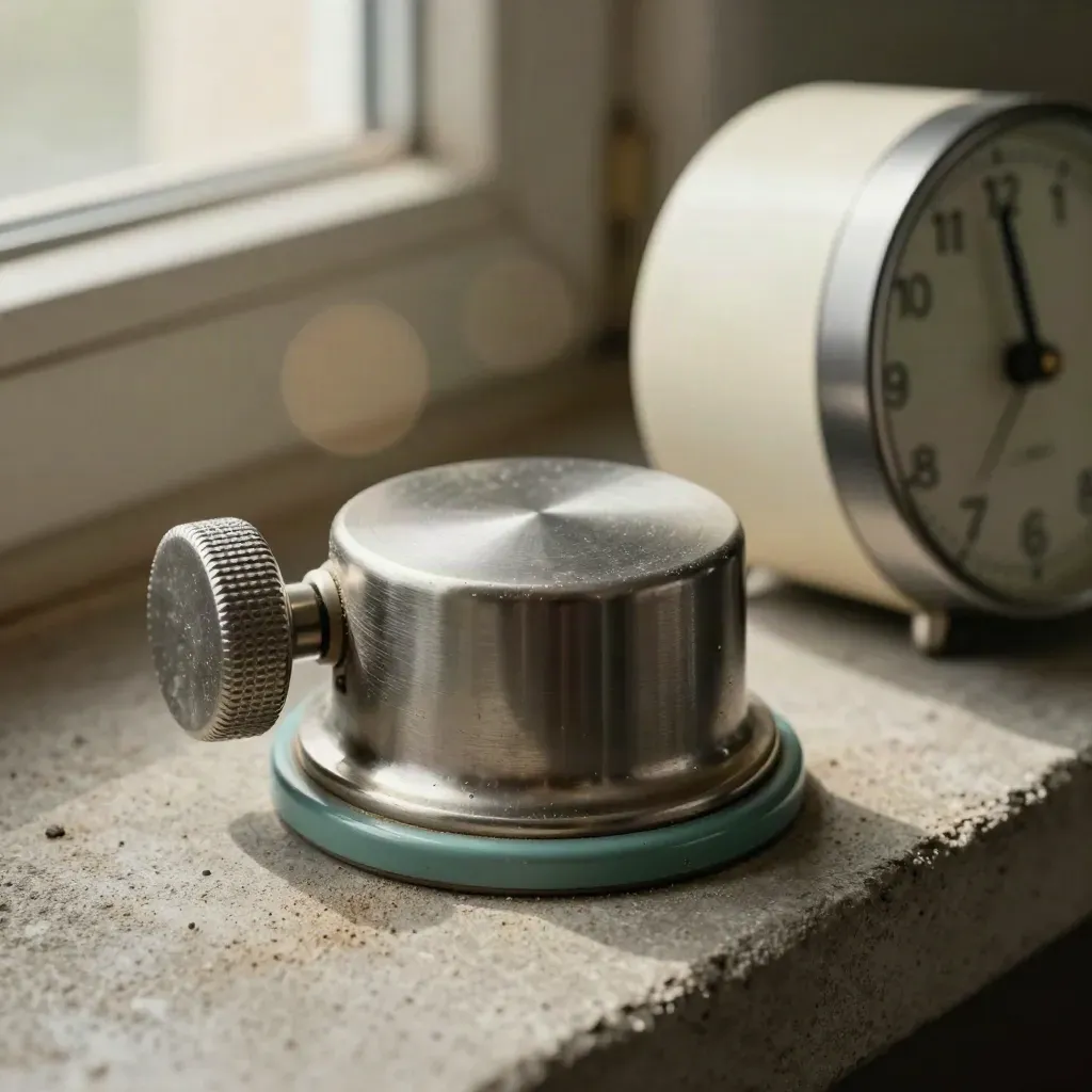 Steel counter, status puck and desk timer on a soft-lit neutral surface with teal accent.