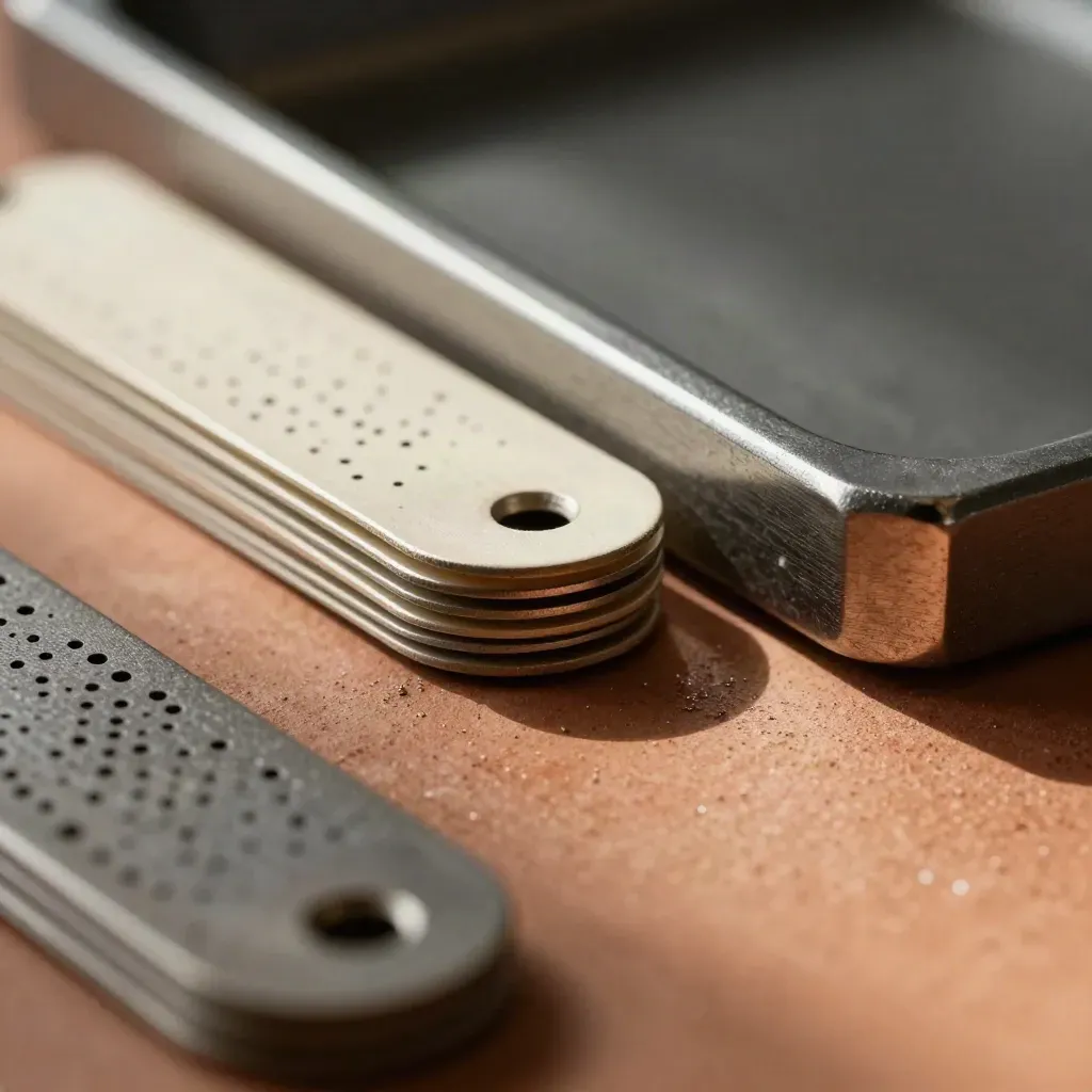 Macro of punched metal tags, spring clip and machined divider on terracotta stone in moody light.