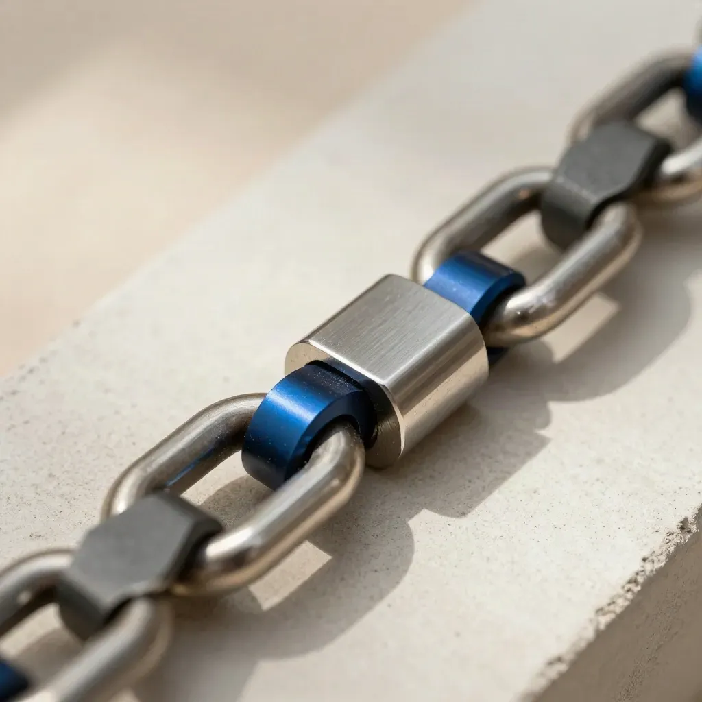 Overhead macro of linked metal rings, connector bridge, and blocks on concrete with blue accent