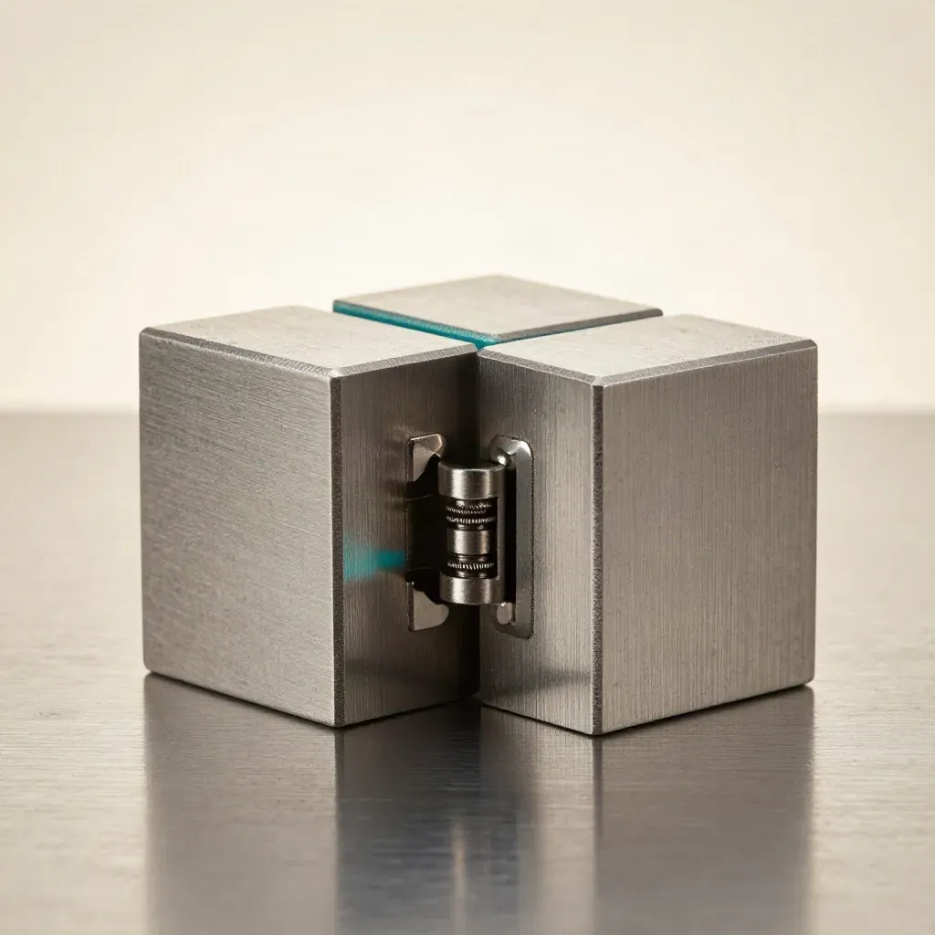 Macro still life of steel cubes, hinge, and clasp on brushed metal with soft teal accent.