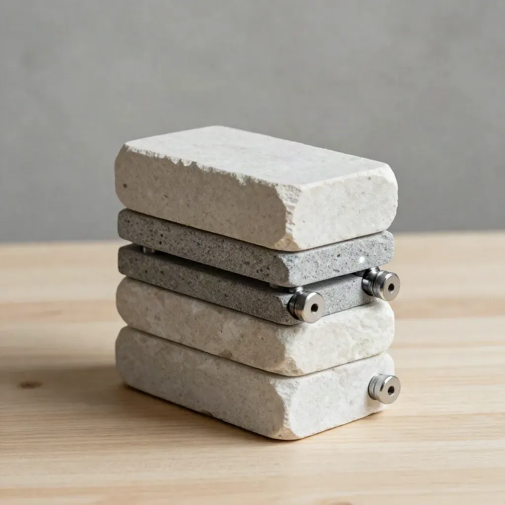 Graphite blocks, stone spacer, and pin joints on pale wood with dramatic light