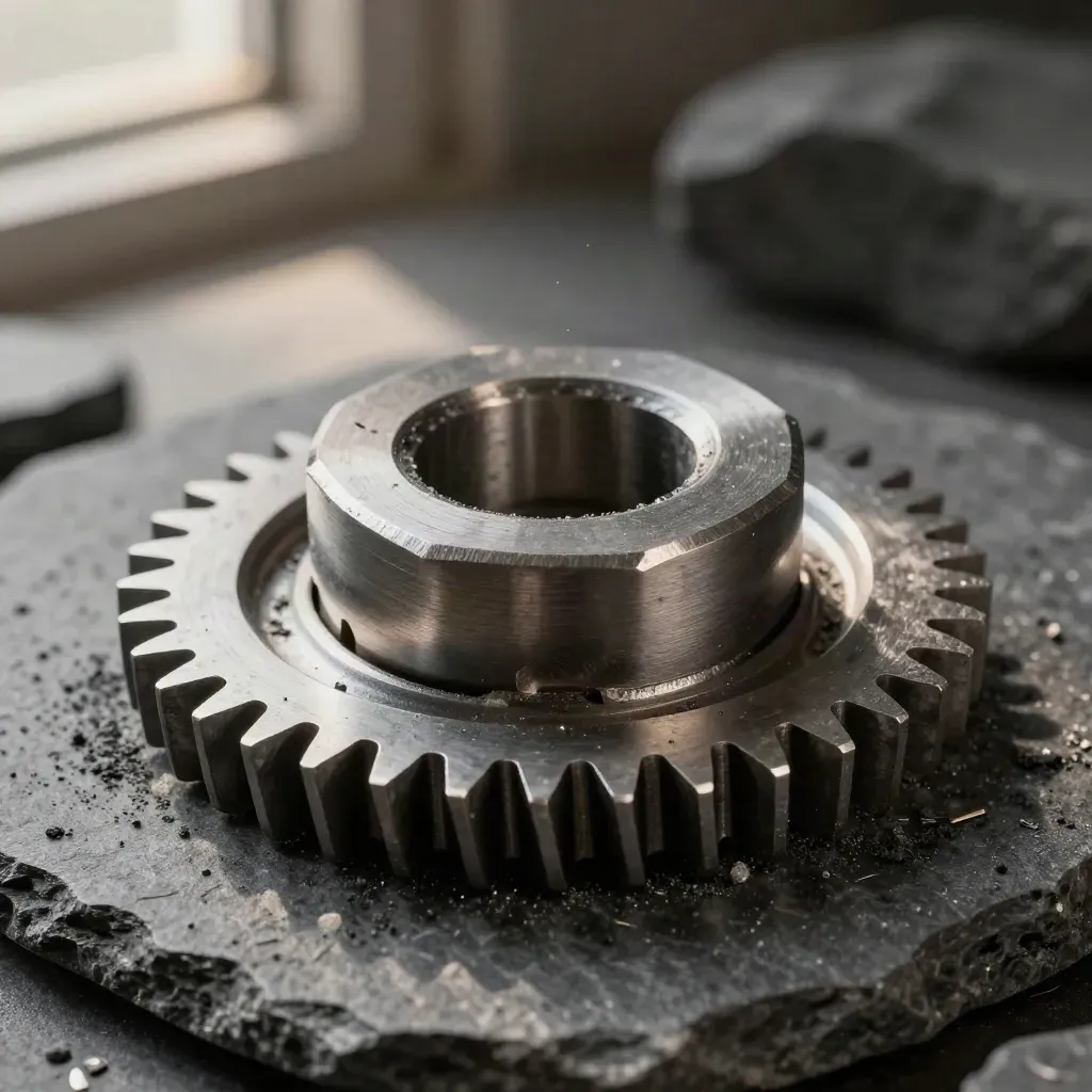 Compact steel gears, loops, and hex connector plate on dark stone with graphite dust