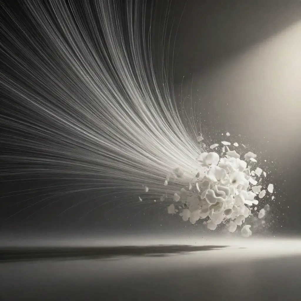 Silver filaments bloom in graphite haze, leaving calm space for headline.